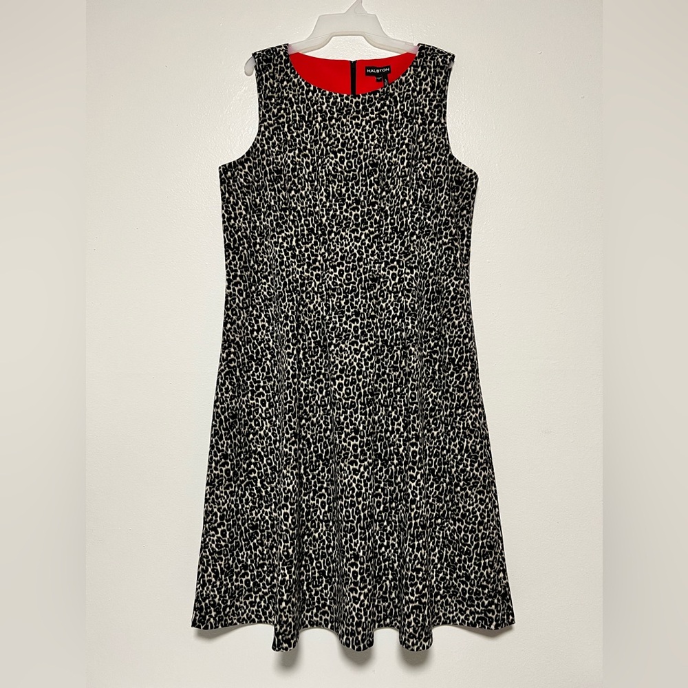 NEW Halston Dress Womens black brown leopard fit flare cocktail classic Sz 16W